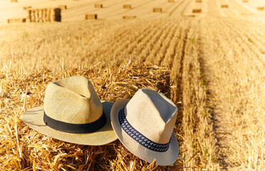 Straw hats on straw bales during harvest
