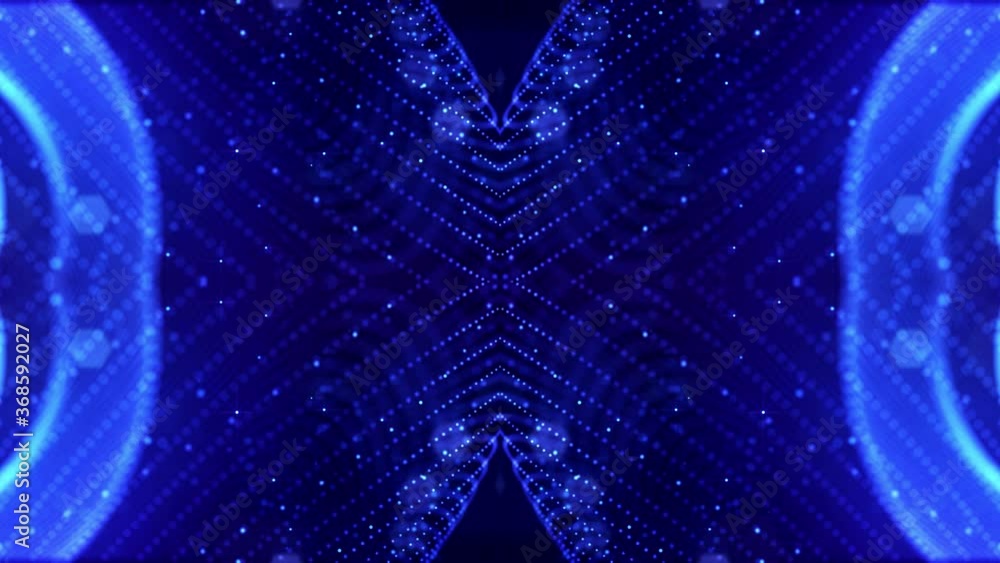 Poster 4k looped sci-fi 3d abstract animation. glow blue particles form lines, symmetrical structures like 