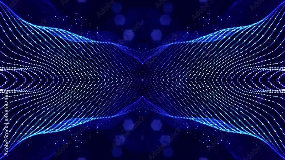 Poster 4k looped sci-fi 3d abstract animation. glow blue particles form lines, symmetrical structures like 