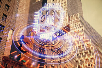Data theme hologram drawing on city view with skyscrapers background multi exposure. Bigdata concept.