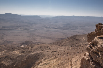 The bottom of Ramon Crater (Makhtesh Ramon), the largest in the world, as seen from the high...