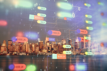 Data theme hologram drawing on city view with skyscrapers background double exposure. Ai concept.