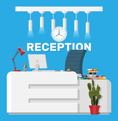 Modern reception interior. Hotel, hospital clinic or business office reception desk. Lobby or waiting room inside. Receptionist workplace. Computer, lamp, clock, chair, plant. Flat vector illustration