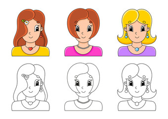 Set coloring page for kids. Cute cartoon characters. Black stroke. With sample. Vector illustration.