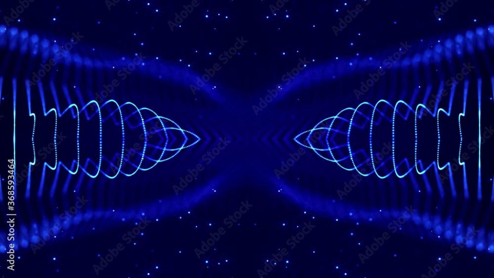 Poster 4k looped sci-fi 3d abstract animation. glow blue particles form lines, symmetrical structures like 