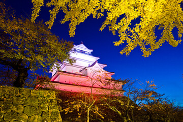 Tsuruga castle with light up in Aizu wakamatsu city, Fukushima, Tohoku, Japan.