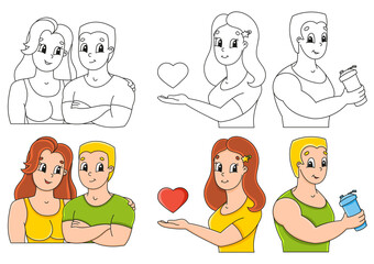 Set coloring page for kids. Happy people. Cute cartoon characters. Black stroke. With sample. Vector illustration.