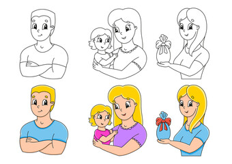 Set coloring page for kids. Happy people. Cute cartoon characters. Black stroke. With sample. Vector illustration.