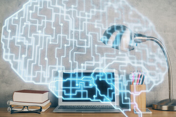 Double exposure of desktop computer and human brain drawing hologram. Ai concept.