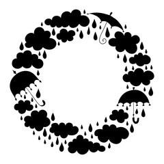 Frame from silhouettes of clouds, drops and umbrellas. Wreath with a place for text on the autumn theme. Vector stencil. Template that theme of rain and fall.