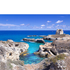 Fototapeta na wymiar The most beautiful coast of Apulia: Roca Vecchia, ITALY (Lecce).Typical seascape of Salento: cliff and ruins of ancient coastal watchtower.