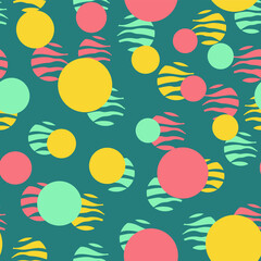 Colorful circles seamless pattern. Geometric background in trendy colors: pale pink, navy blue, mint, coral. Different textures of circles. Design for prints, posters, fabrics, paper, packaging