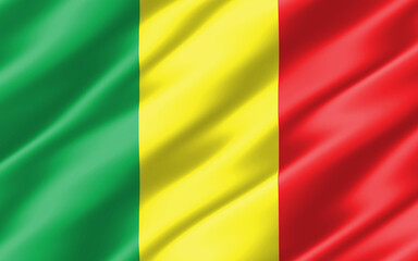 Silk wavy flag of Mali graphic. Wavy Malian flag 3D illustration. Rippled Mali country flag is a symbol of freedom, patriotism and independence.