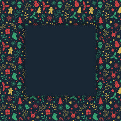 Christmas greeting card with copyspace. Xmas background with decorative icons. Vector