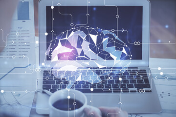 Multi exposure of work space with computer and human brain hologram. Brainstorm concept.