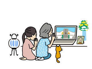 オンライン墓参りする母と娘
