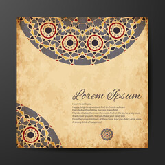 Mandala design for book cover with paper background. Card or invitation. Vintage decorative elements. Islam, Arabic, Indian, ottoman motifs. Vector illustration. © Arik