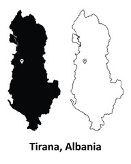 Tirana Albania. Detailed Country Map with Capital City Location Pin. Black silhouette and outline maps isolated on white background. EPS Vector