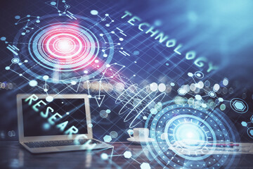 Double exposure of computer and technology theme drawing. Concept of innovation.