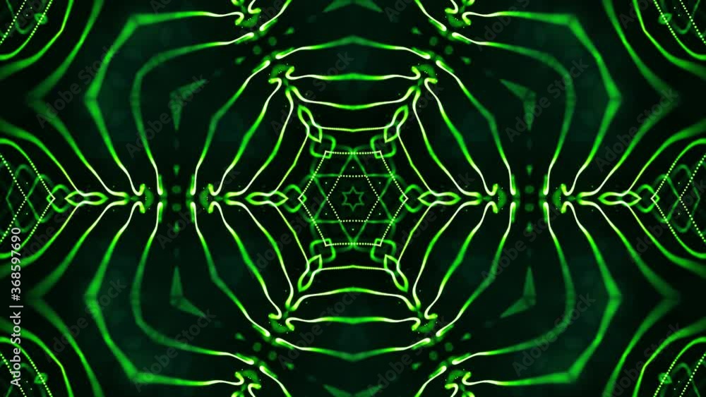Poster glow green particles form lines, surfaces, star pattern, kaleidoscope structures. 4k looped sci-fi 3