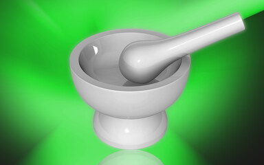 3D illustration of White porcelain mortar and pestle.
