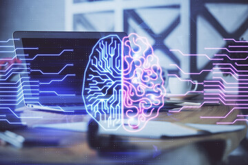 Double exposure of work table with computer and brain sketch hologram. Brainstorming concept.