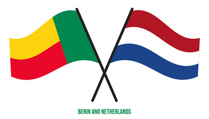Benin and Netherlands Flags Crossed And Waving Flat Style. Official Proportion. Correct Colors.