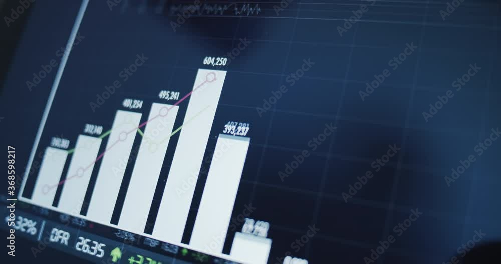 Poster rising bar chart with financial data and stock price development on a screen