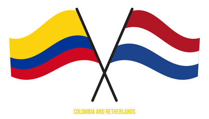 Colombia and Netherlands Flags Crossed And Waving Flat Style. Official Proportion. Correct Colors.