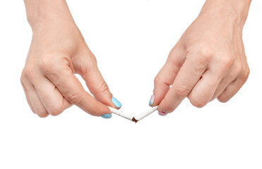 Woman's hands holding broken cigarette. Isolated on white. Stop smoking cigarette.