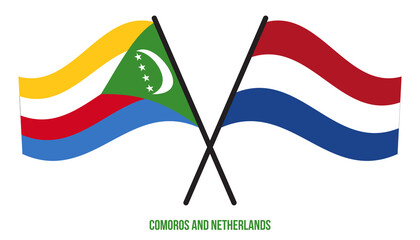 Comoros and Netherlands Flags Crossed And Waving Flat Style. Official Proportion. Correct Colors.