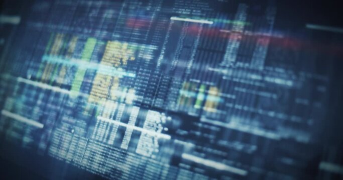 Abstract background flight through cyber technology futuristic data on a screen. Code, Numbers, Binary, Names