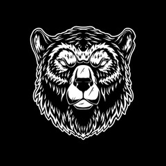 Illustration of head of grizzly bear in vintage monochrome style. Design element for logo, emblem, sign, poster, card, banner.