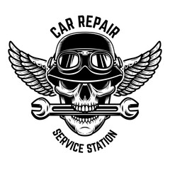 Car repair. Skull in winged helmet with wrench in teeth. Design element for logo, label, sign, t shirt.