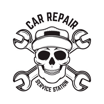 Car repair. Service station. Emblem template with skull and crossed wrenches. Design element for logo, emblem, sign, poster, card, banner.