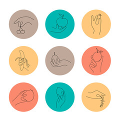 Set of hands holding fruits and berries, vector linear silhouette isolated on a white background.Vector logo element.