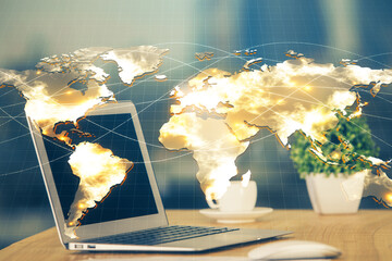 Multi exposure of business theme icons and table with computer background. Concept of success.