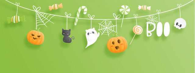 Happy Halloween banner. Halloween celebrations in paper cut style. 