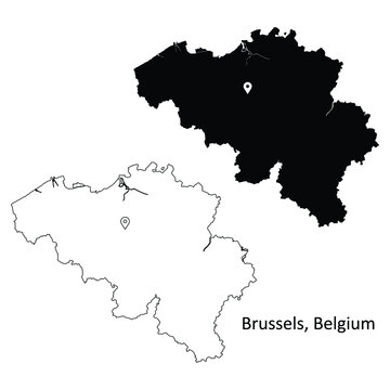 Brussels Belgium. Detailed Country Map with Location Pin on Belgian Capital City. Black silhouette and outline maps isolated on white background. EPS Vector
