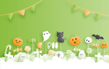 Happy Halloween banner in paper cut style. 