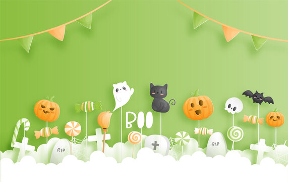 Happy Halloween banner in paper cut style. © chan