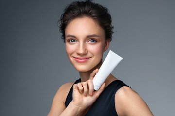 Woman holds tube with cosmetic cream. Photo of attractive woman with perfect makeup on gray background. Beauty concept