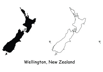Wellington, New Zealand. Detailed Country Map with Location Pin on Capital City. Black silhouette and outline maps isolated on white background. EPS Vector
