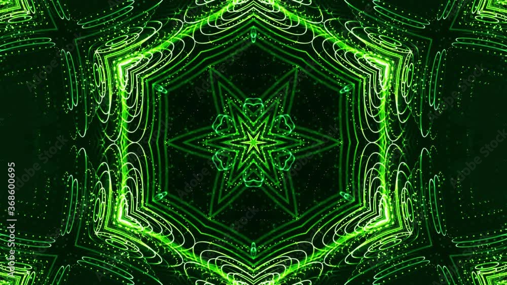 Poster glow green particles form lines, surfaces, star pattern, kaleidoscope structures. 4k looped sci-fi 3