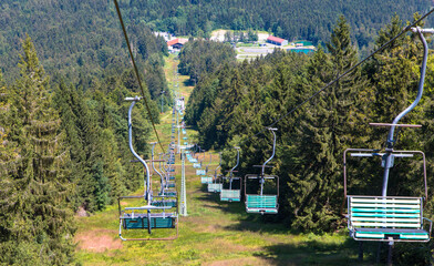 Aerial panoramic view from chairlift at hohenbogen summit, bavarian forest germany