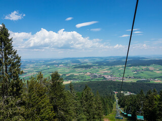 Aerial panoramic view from chairlift at hohenbogen summit, bavarian forest germany