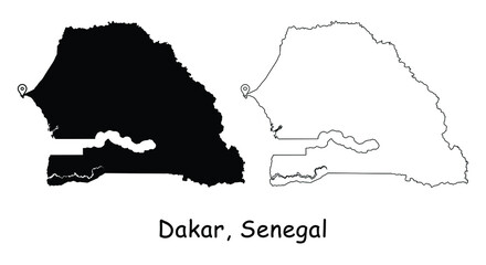 Dakar, Senegal. Detailed Country Map with Location Pin on Capital City. Black silhouette and outline maps isolated on white background. EPS Vector