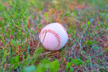 Baseball ball on green grass. Close-up photographed.