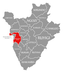 Bujumbura Rural red highlighted in map of Burundi
