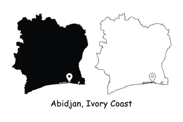 Abidjan, Ivory Coast. Detailed Country Map with Location Pin on Capital City. Black silhouette and outline maps isolated on white background. EPS Vector